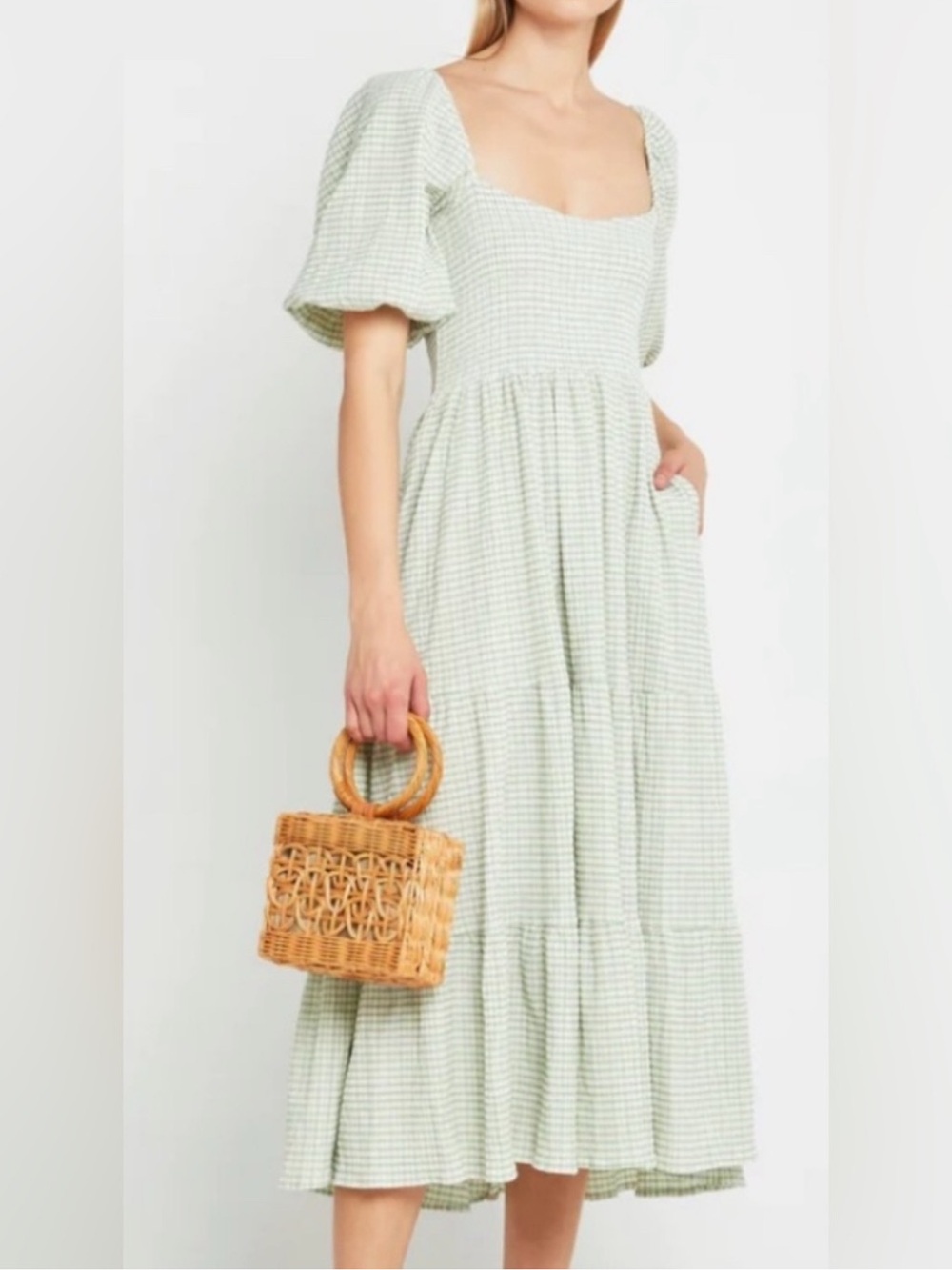 o.p.t. Daphne Square Neck Smocked Maxi Dress Green Gingham Puff Sleeve M